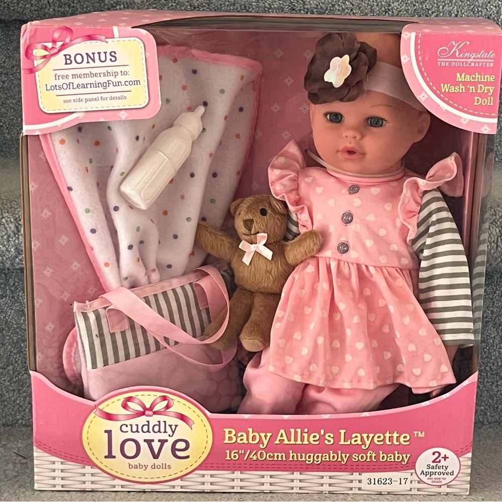 New! Kingstate Cuddly Love Baby Allie's Layette - Soft Baby Doll in Pink/Stripes
